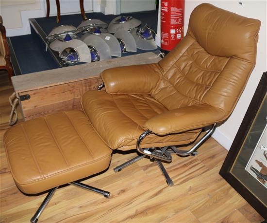 A mustard leather chair and a matching stool